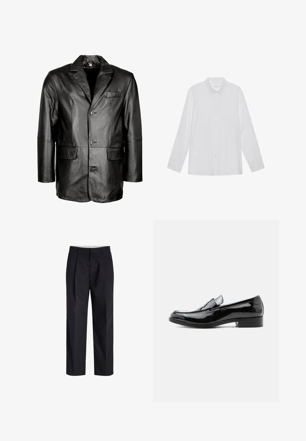 Zwarte leren blazer met een notch lapel, sluiting met twee knopen, twee voorkruiden en een gladde textuur. Op maat gemaakte ontwerp met een getailleerd silhouet.; Witte blouse met lange mouwen van soepel stof, met een puntige kraag, voorkant met knoopsluiting en manchetten met één knoop.; Zwarte broek met rechte pijpen, voorzien van een tailleband, riemlussen, een ritssluiting aan de voorkant en zijzakken, afgebeeld op een witte achtergrond.; Zwarte herenslipper van lakleer met lage hak, afgeronde neus en banddetail over de wreef, op een witte achtergrond.
