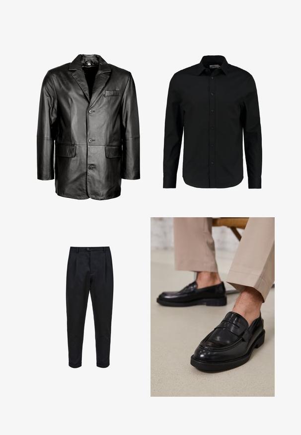 Schwarze Lederblazer mit Reverskragen, Zwei-Knopf-Verschluss, zwei vorderen Taschen und glatter Oberfläche. Maßgeschneiderte Passform mit figurbetontem Schnitt.; Schwarzes Langarmhemd aus glattem Stoff, mit Knopfleiste, spitzem Kragen und taillierter Passform mit abgerundetem Saum.; Schwarze Hose aus einem glatten Stoff, mit einem gefalteten Vorderteil, schmalem Schnitt und umgeschlagenen Säumen. Einfache Knopfverschluss an der Taille.; Schwarze Lederloafers mit glatter Oberfläche, ausgestattet mit einem dekorativen Riemen und Kontrastnähten, kombiniert mit beigen Hosen.