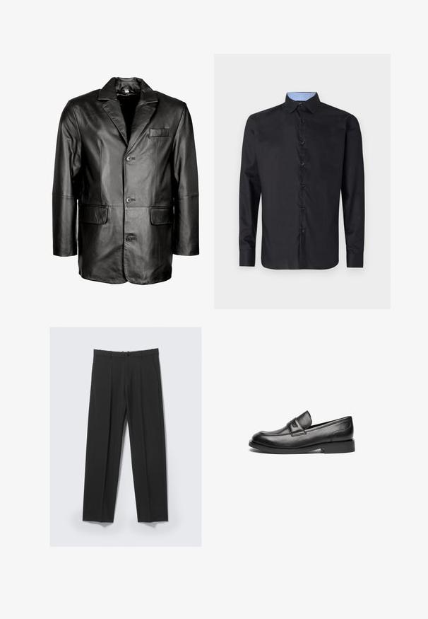 Schwarze Lederblazer mit Reverskragen, Zwei-Knopf-Verschluss, zwei vorderen Taschen und glatter Oberfläche. Maßgeschneiderte Passform mit figurbetontem Schnitt.; Schwarzes Langarmhemd aus glattem Stoff, mit durchgehender Knopfleiste, spitzem Kragen und einem hellblauen karierten Innenkragen.; Schwarze, maßgeschneiderte Hose mit vorderen Falten, Seitentaschen, Gürtelschlaufen und Knopfverschluss am Bund vor hellem Hintergrund.; Schwarze Lederloafers verfügen über eine abgerundete Zehenpartie, eine genähte Naht über der Oberseite und eine flache Gummisohle. Glatte Oberfläche ohne sichtbare Muster.