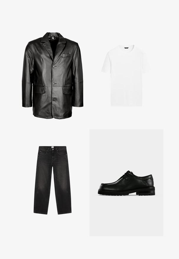Schwarze Lederblazer mit Reverskragen, Zwei-Knopf-Verschluss, zwei vorderen Taschen und glatter Oberfläche. Maßgeschneiderte Passform mit figurbetontem Schnitt.; Weißes Baumwoll-T-Shirt mit rundem Hals, kurzen Ärmeln und geradem Schnitt. Es hat eine glatte, leichte Textur und keine sichtbaren Muster.; Schwarze Straight-Leg-Jeans mit fünf Taschen und Gürtelschlaufen, mit Knopf- und Reißverschluss sowie einem weißen Etikett am Bund.; Schwarzer Leder-Schnürschuh mit dicker Gummisohle und Moc-Toe-Naht, von der linken Seite vor hellem neutralem Hintergrund gezeigt.