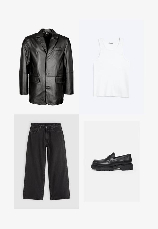 Schwarze Lederblazer mit Reverskragen, Zwei-Knopf-Verschluss, zwei vorderen Taschen und glatter Oberfläche. Maßgeschneiderte Passform mit figurbetontem Schnitt.; Weißes ärmelloses Tanktop mit rundem Ausschnitt und Weekday-Markenetikett auf der Innenseite des hinteren Kragens, flach auf hellem Hintergrund dargestellt.; Schwarze Jeans mit weitem Bein, Vordertaschen, Gürtelschlaufen und Knopfverschluss, auf schlichtem hellem Hintergrund dargestellt.; Schwarzer Lederloafer mit dicker, profilierter Sohle und Pennyriemen-Detail, von der rechten Seitenansicht auf weißem Hintergrund gezeigt.