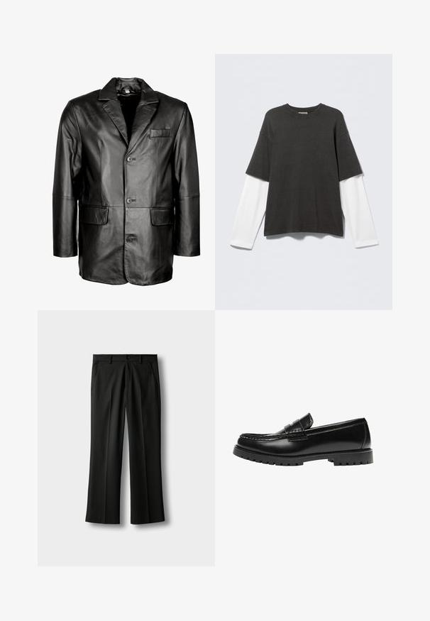 Schwarze Lederblazer mit Reverskragen, Zwei-Knopf-Verschluss, zwei vorderen Taschen und glatter Oberfläche. Maßgeschneiderte Passform mit figurbetontem Schnitt.; Schwarzes T-Shirt mit kurzen Ärmeln, über einem weißen Langarmshirt getragen, vor einem einfarbigen hellen Hintergrund gezeigt.; Schwarze, maßgeschneiderte Anzughose mit Gürtelschlaufen, vorderem Knopf- und Reißverschluss, Seitentaschen und Bügelfalten entlang der Beine vor hellem Hintergrund.; Schwarzer Leder-Slipper mit dicker Gummisohle und klassischem Penny-Detail an der Riemen, von der Außenseite gezeigt.