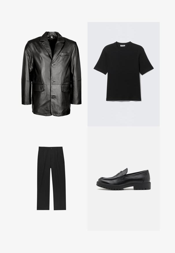 Schwarze Lederblazer mit Reverskragen, Zwei-Knopf-Verschluss, zwei vorderen Taschen und glatter Oberfläche. Maßgeschneiderte Passform mit figurbetontem Schnitt.; Schwarzes T-Shirt mit kurzen Ärmeln und Rundhalsausschnitt, mit einem "WEEKDAY"-Etikett innen am Kragen, flach auf einem hellen Hintergrund liegend dargestellt.; Schwarze Hose mit geradem Schnitt, aus einem glatten Stoff gefertigt. Verfügt über Vorderfalten und einen einzelnen Knopfverschluss an der Taille.; Schwarze Lederloafers mit runder Zehenform, eleganter Schlupfdesign und dicker Gummisohle mit strukturiertem Griff. Erhöhter Absatz und dezente Nähdetails.