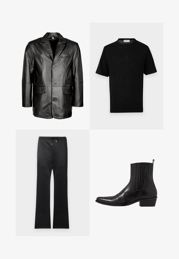 Sort læderblazer med klapkrave, to-knapslukning, to frontlommer og en glat tekstur. Skræddersyet design med en tætsiddende silhuet.; Sort kortærmet strikket t-shirt med rund hals og ribstrikkede manchetter, mærkat inde i kraven med teksten "Tiger of Sweden 1903."; Sorte træningsbukser med snoretræk i taljen, lavet af glat stof. Bredde i benene og minimalistisk udseende uden mønstre.; Sort læder ankelstøvle med spids tå, elastiske sidepaneler, lodrette stikninger og en lav blokhæl.