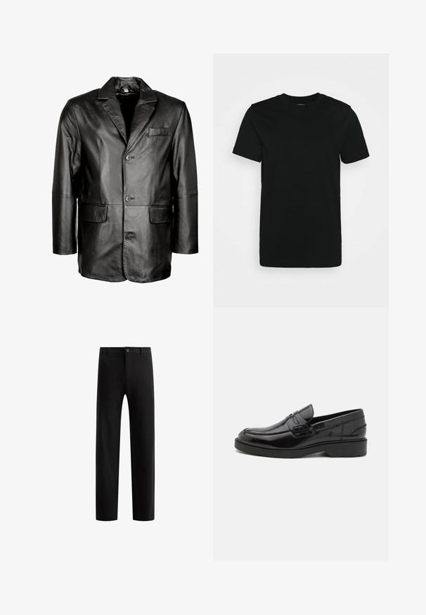 Zwarte leren blazer met een notch lapel, sluiting met twee knopen, twee voorkruiden en een gladde textuur. Op maat gemaakte ontwerp met een getailleerd silhouet.; Zwarte T-shirt met korte mouwen van glad katoen, met een ronde halslijn en een eenvoudig ontwerp zonder patronen of accenten.; Zwarte, op maat gemaakte broek met een platte voorkant, rechte pijpen, enkele knoopsluiting en lussen voor een riem, gemaakt van een gladde stof zonder zichtbare patronen.; Zwarte leren instappers met een gladde afwerking, ronde neus, lage hak en decoratieve stiksels aan de voorkant. Rubberen buitenzool voor grip.