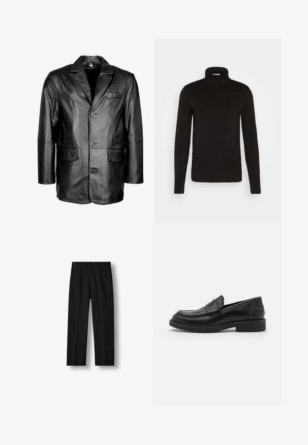 Schwarze Lederblazer mit Reverskragen, Zwei-Knopf-Verschluss, zwei vorderen Taschen und glatter Oberfläche. Maßgeschneiderte Passform mit figurbetontem Schnitt.; Schwarz, langärmliges Turtleneck-Shirt aus einem glatten Stoff mit figurnaher Passform und hohem, enganliegendem Kragen. Keine sichtbaren Muster oder Akzente.; Schwarze gerade geschnittene Hose mit vorderen Falten, knöpfbarem Bund und Seitentaschen vor einem weißen Hintergrund.; Schwarze Lederloafer mit abgerundetem Zeh, farblich abgestimmtem Nähen und einem Riemendetail an der Vorderseite. Gummi-Sohle mit niedrigem Absatz.