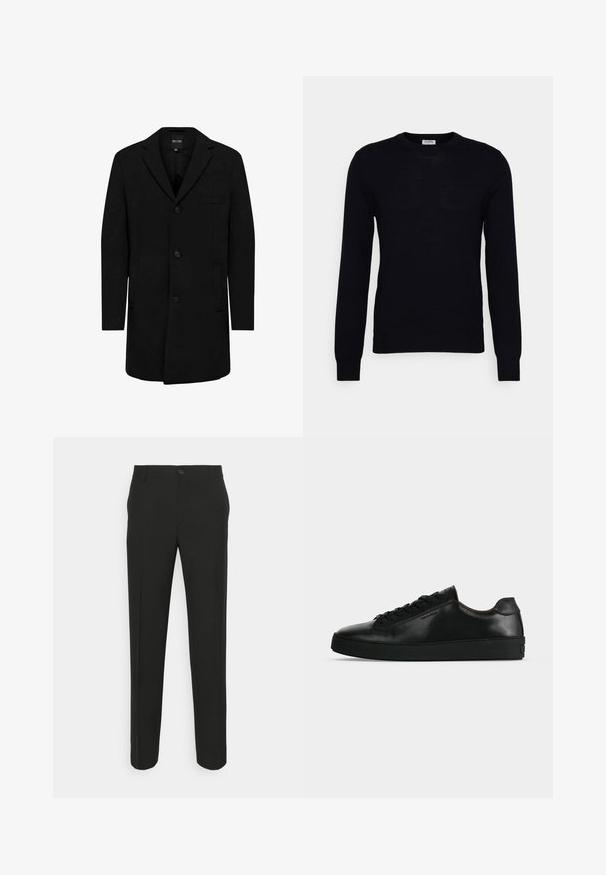Manteau noir en mélange de laine au design ajusté ; doté d'une fermeture à un bouton, de revers en pointe et de poches latérales. Texture lisse.; Pull noir à manches longues en tricot doux. Encolure ronde, poignets et ourlet côtelés. Design minimaliste sans motifs ni boutons visibles.; Pantalons noirs ajustés à coupe droite, dotés d'une fermeture à un bouton et de passants de ceinture. Tissu lisse, mat et sans motifs.; Basket basse en cuir noir avec lacets noirs et semelle épaisse noire, vue de profil sur fond gris clair.