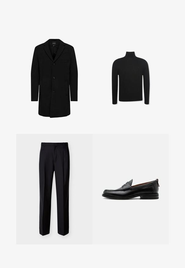 Manteau noir en mélange de laine au design ajusté ; doté d'une fermeture à un bouton, de revers en pointe et de poches latérales. Texture lisse.; Pull noir à col roulé manches longues, coupe ajustée et logo discret sur la partie gauche de la poitrine, présenté sur fond blanc.; Pantalon noir ajusté à coupe droite, avec un devant plissé et des poches latérales. Confectionné dans un tissu lisse et léger à motif uni.; Mocassin homme en cuir noir avec couture moc toe, bride penny, col texturé et petit talon empilé sur fond blanc.