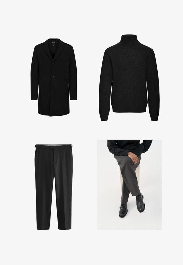Manteau noir en mélange de laine au design ajusté ; doté d'une fermeture à un bouton, de revers en pointe et de poches latérales. Texture lisse.; Pull noir à col roulé manches longues avec poignets et ourlet côtelés, en tissu tricoté doux.; Pantalons noirs ajustés à l'avant plat et avec passants de ceinture. Fabriqués en matériau lisse, dotés d'une coupe droite et de détails de couture subtils.; Des chaussures en cuir noir à lacets avec une finition brillante, accompagnées de pantalons gris sur mesure, présentées en position assise sur un fond blanc.