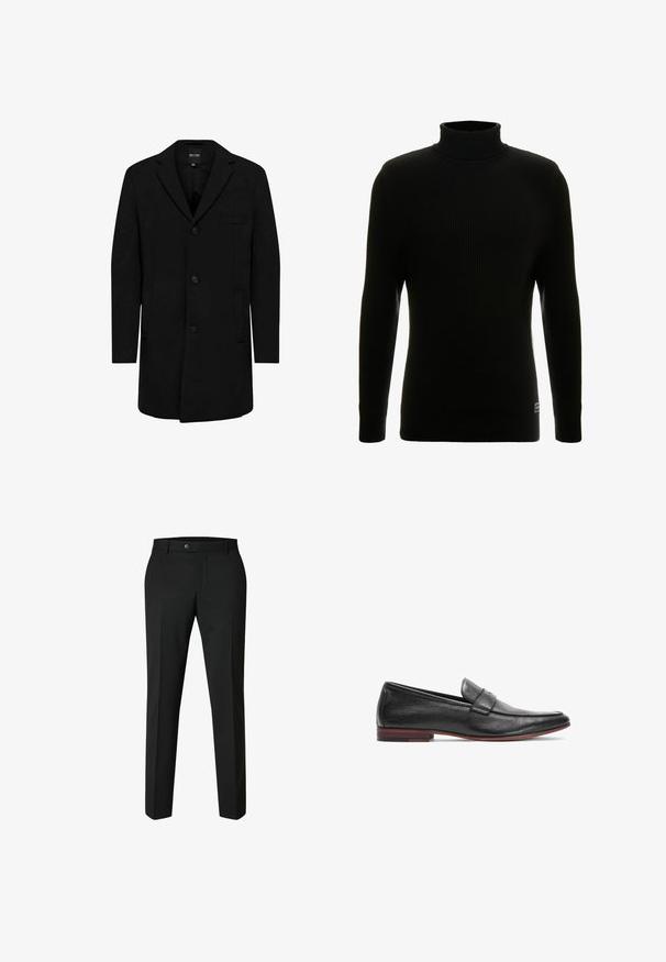 Manteau noir en mélange de laine au design ajusté ; doté d'une fermeture à un bouton, de revers en pointe et de poches latérales. Texture lisse.; Pull à col roulé noir avec des manches longues, texture côtelée, silhouette ajustée et petite étiquette de marque en bas à gauche.; Pantalon noir au design ajusté, fabriqué en tissu tissé. Il dispose d'une fermeture à bouton, d'un devant plat et de jambes droites sans motifs.; Mocassins en cuir noir avec une texture lisse, présentant un détail cousu et un petit talon en bois avec un accent rouge.