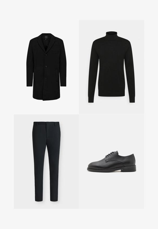 Manteau noir en mélange de laine au design ajusté ; doté d'une fermeture à un bouton, de revers en pointe et de poches latérales. Texture lisse.; Pull à col roulé noir en matériau doux et extensible. Manches longues, col et poignets côtelés, et silhouette ajustée.; Pantalon de costume noir coupe slim avec passants pour ceinture, fermeture éclair à l’avant et sans poches visibles, présenté sur un fond blanc uni.; Chaussure oxford en cuir noir avec un bout rond, présentant une finition lisse, un laçage à cinq œillets et un petit talon empilé.