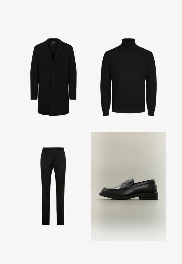 Manteau noir en mélange de laine au design ajusté ; doté d'une fermeture à un bouton, de revers en pointe et de poches latérales. Texture lisse.; Pull à col roulé noir en maille lisse, avec des manches longues et un ourlet ajusté, sans motifs ni embellissements visibles.; Pantalons noirs ajustés avec une jambe droite, dotés d'une fermeture à bouton et de passants de ceinture, fabriqués à partir d'un tissu lisse avec un léger éclat.; Mocassin penny en cuir noir avec un détail cousu et un petit talon empilé présenté sur un fond clair uni.
