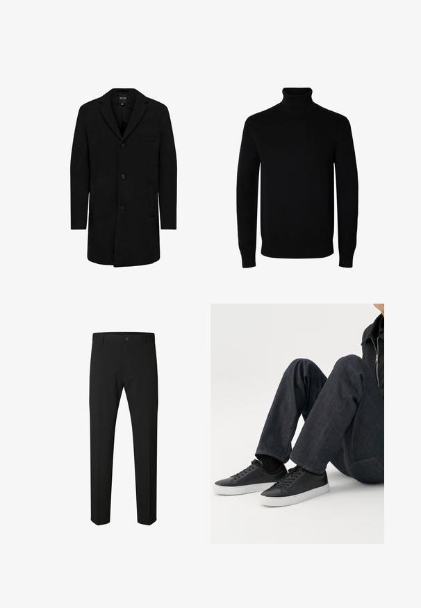 Manteau noir en mélange de laine au design ajusté ; doté d'une fermeture à un bouton, de revers en pointe et de poches latérales. Texture lisse.; Pull noir à col roulé manches longues avec poignets et bas côtelés, présenté sur un fond blanc uni.; Pantalon noir slim fit avec fermeture par bouton et zip, passants de ceinture et jambes droites sur fond blanc.; Personne assise avec les jambes pliées, portant un jean bleu foncé et des baskets basses noires avec des semelles blanches sur fond blanc.