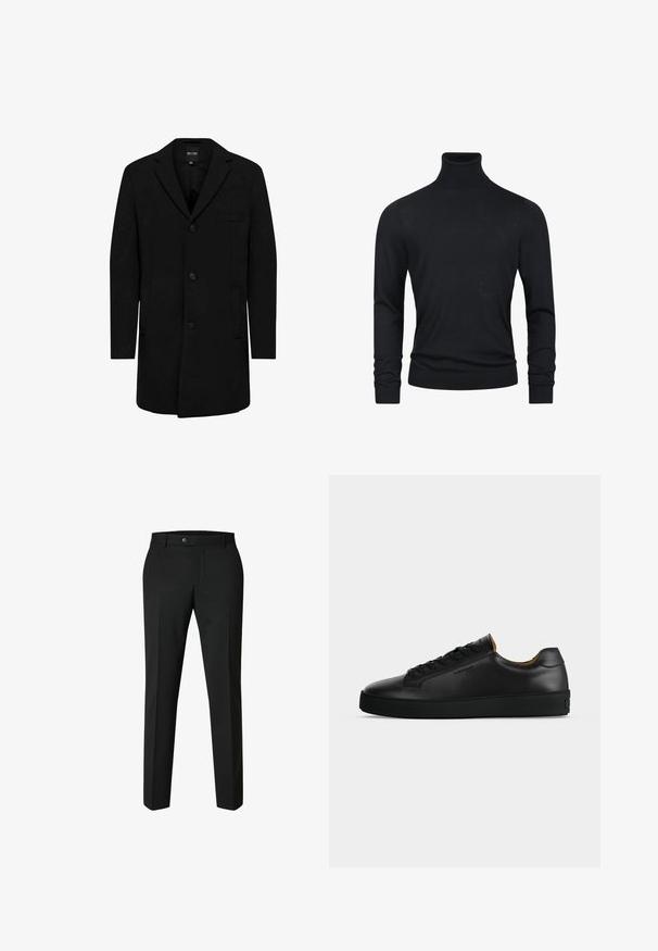 Manteau noir en mélange de laine au design ajusté ; doté d'une fermeture à un bouton, de revers en pointe et de poches latérales. Texture lisse.; Pull en col roulé noir à manches longues, fabriqué dans un tissu en tricot lisse, avec des poignets et un ourlet côtelés pour un aspect ajusté.; Pantalon noir au design ajusté, fabriqué en tissu tissé. Il dispose d'une fermeture à bouton, d'un devant plat et de jambes droites sans motifs.; Basket basse en cuir noir avec lacets noirs, semelle en caoutchouc texturée et petit logo embossé sur le côté, présenté de profil sur fond gris.