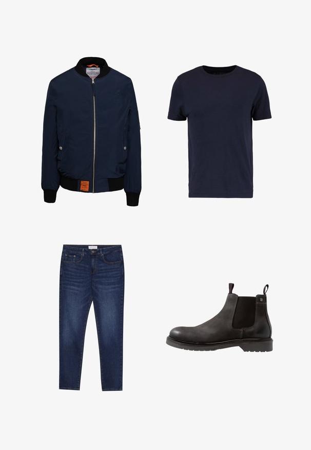 Chaqueta bomber navy con cierre delantero, cuello y puños acanalados negros, bolsillos laterales, interior naranja y una etiqueta en la parte inferior izquierda.; Pier One by Zalando Camiseta básica - dark blue; Jeans ajustados de color azul oscuro con cinco bolsillos, cierre de botones y costuras de contraste, etiquetados como Pier One en la cinturilla.; Botín Chelsea de cuero negro con paneles laterales elásticos, superficie texturizada y suela de goma. Presenta un tirador en rojo y azul.
