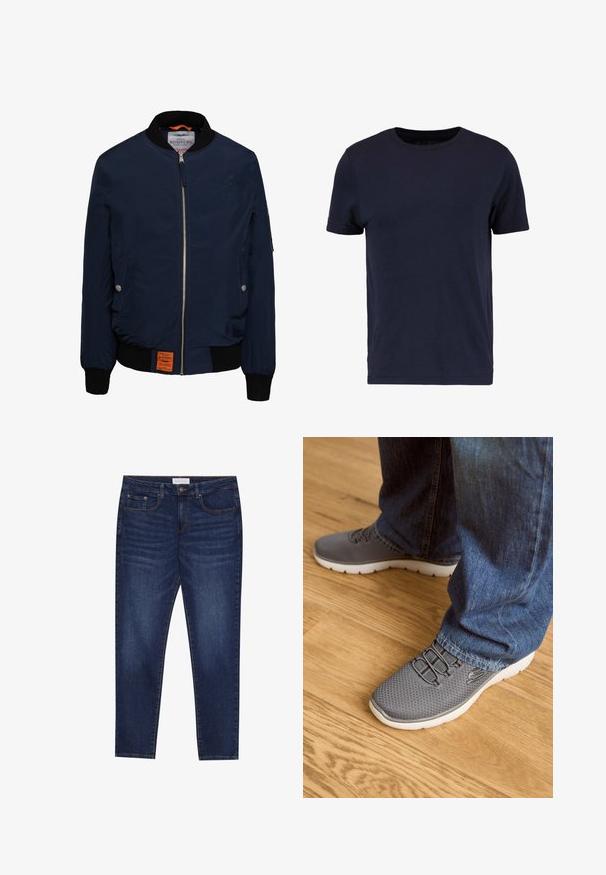 Marine bomberjack met een ritssluiting aan de voorkant, zwarte geribbelde kraag en manchetten, zijzakken, oranje interieur en een label aan de onderkant aan de linkerzijde.; Pier One by Zalando T-shirt basic - dark blue; Donkerblauwe slim-fit jeans met vijf zakken, knoopsluiting en contrasterende stiksels, gelabeld Pier One op de tailleband.; Grijze sportschoenen met een bovenwerk van gaas, witte zool en elastische veters. Gecombineerd met blauwe denim jeans, op een houten vloer.