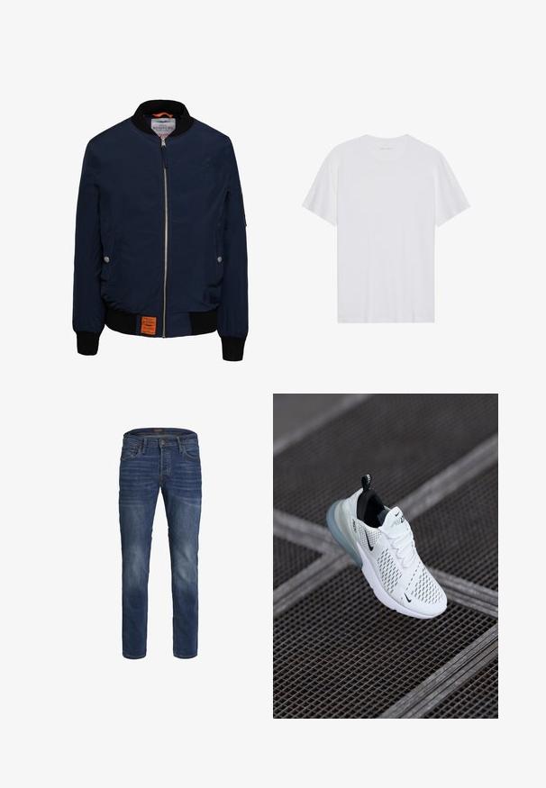 Marine bomberjack met een ritssluiting aan de voorkant, zwarte geribbelde kraag en manchetten, zijzakken, oranje interieur en een label aan de onderkant aan de linkerzijde.; Witte katoenen T-shirt met korte mouwen, een ronde hals en een gladde textuur. Heeft minimale branding op de halslijn.; Donkerblauwe slim-fit jeans met lichte vervaging, vijf-pocket ontwerp, knoopsluiting en zichtbare stiksels.; Witte sportieve sneaker met geperforeerde mesh bovenkant, zwarte accenten, zichtbare veters en een doorzichtige luchtkussenzool.