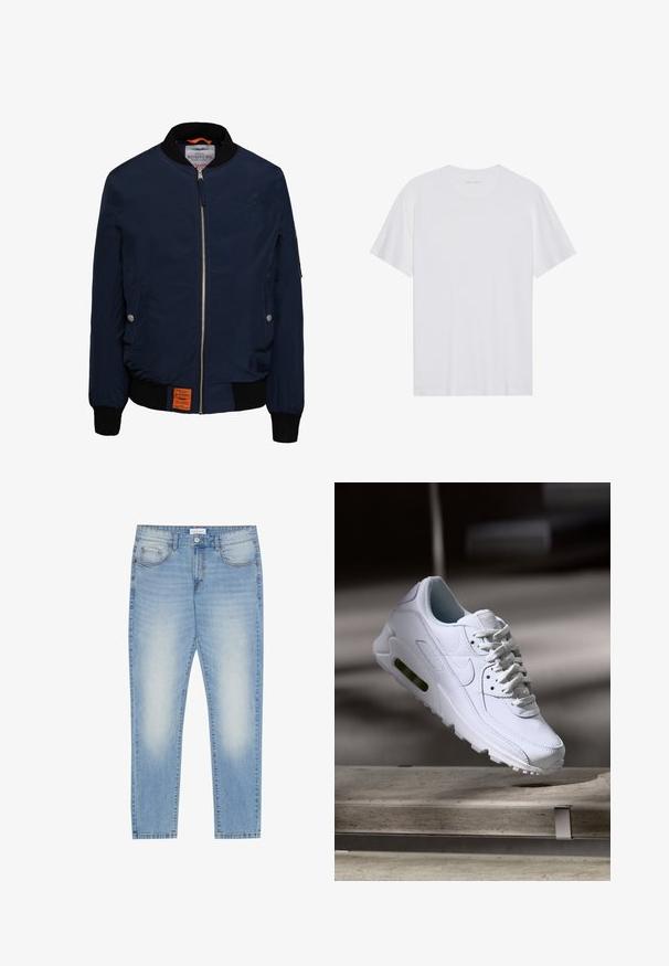 Marine bomberjack met een ritssluiting aan de voorkant, zwarte geribbelde kraag en manchetten, zijzakken, oranje interieur en een label aan de onderkant aan de linkerzijde.; Witte katoenen T-shirt met korte mouwen, een ronde hals en een gladde textuur. Heeft minimale branding op de halslijn.; Lichtblauwe denim jeans met een reguliere pasvorm, vijf zakken, lichte slijtage aan de voorkant en een recht gesneden pijp.; Witte leren sneaker met gestructureerde oppervlakken, gevoerde kraag en zichtbare luchtbescherming in de zool. Heeft veters en een minimalistisch ontwerp.