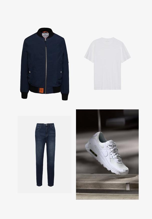 Marine bomberjack met een ritssluiting aan de voorkant, zwarte geribbelde kraag en manchetten, zijzakken, oranje interieur en een label aan de onderkant aan de linkerzijde.; Witte katoenen T-shirt met korte mouwen, een ronde hals en een gladde textuur. Heeft minimale branding op de halslijn.; Donkerblauwe denim jeans met een rechte pijp, voorzien van voorzakken en subtiele horizontale stiksels. Klassiek vijfzakken ontwerp.; Witte Nike Air Max 90 sneaker met een bovenwerk van mesh en leer, een geperforeerde teenbox en een zichtbare luchtunit in de hiel.