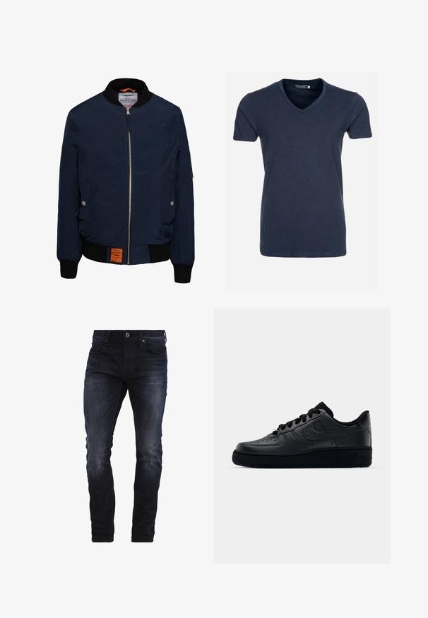 Marine bomberjack met een ritssluiting aan de voorkant, zwarte geribbelde kraag en manchetten, zijzakken, oranje interieur en een label aan de onderkant aan de linkerzijde.; Navyblauwe katoenen V-hals T-shirt met korte mouwen, een gladde textuur en een rechte zoom, met een label aan de binnenkant van de hals.; Donkerblauwe slim-fit jeans met een lichte vervaging op de dijen en knieën, met voorzakken, riemlussen en een knoopsluiting.; Zwarte Nike Air Force 1 sneaker met een gladde leren bovenkant, geperforeerde neus voor ademend vermogen, zwarte veters en een getextureerde rubberen zool.