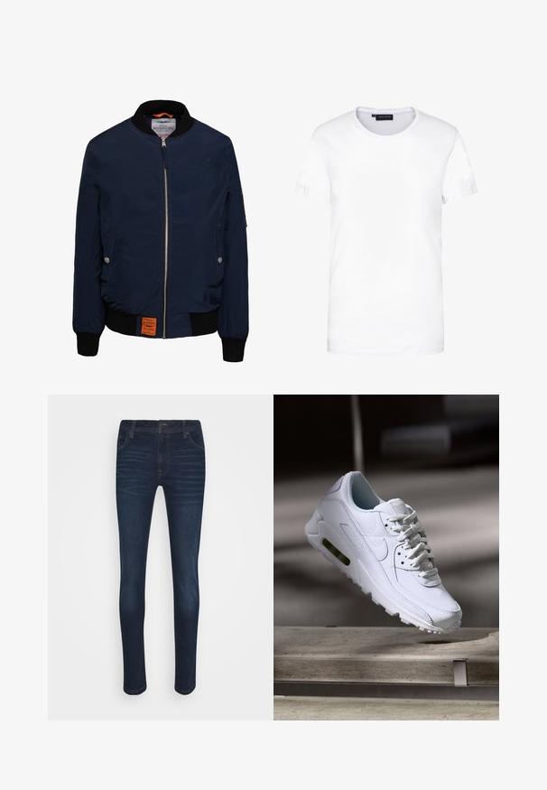 Marine bomberjack met een ritssluiting aan de voorkant, zwarte geribbelde kraag en manchetten, zijzakken, oranje interieur en een label aan de onderkant aan de linkerzijde.; Witte katoenen t-shirt, korte mouwen, ronde halslijn, eenvoudige uitstraling, zachte textuur, recht gesneden, standaard pasvorm, geen zichtbare patronen of accenten.; Denim Project DPMMR. BLACK - Slim fit jeans - dark blue; Witte leren sneaker met gestructureerde oppervlakken, gevoerde kraag en zichtbare luchtbescherming in de zool. Heeft veters en een minimalistisch ontwerp.