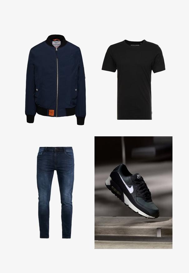 Chaqueta bomber navy con cierre delantero, cuello y puños acanalados negros, bolsillos laterales, interior naranja y una etiqueta en la parte inferior izquierda.; Camiseta de manga corta negra hecha de algodón, con cuello redondo y una sutil etiqueta de logo en el costado. Diseño simple y versátil.; Vaqueros de mezclilla azul oscuro con corte ajustado, que presentan detalles de costura, un botón en la parte frontal y cinco bolsillos para almacenamiento.; Zapatilla Nike Air Max negra y gris con el logo blanco, suspendida sobre una superficie de cemento contra un fondo oscuro y desenfocado.