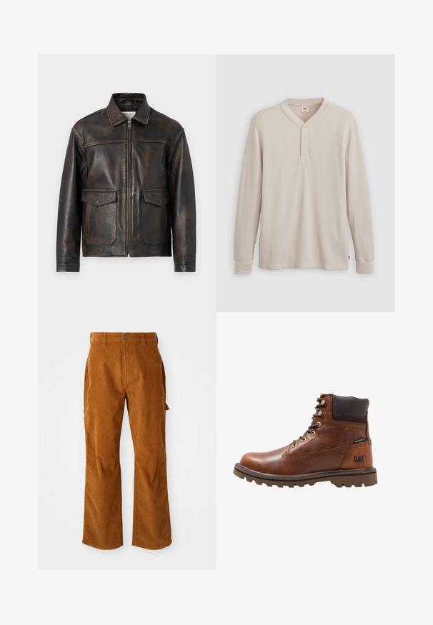Jack & Jones PREMIUM Leather Leather - Veste en cuir - brown stone; T-shirt henley à manches longues en tissu côtelé beige clair, avec un col en V, une patte de boutonnage à trois boutons et des manches à poignets. Étiquette logo rouge à l'ourlet.; Pantalons en velours côtelé marron avec une coupe évasée, dotés de poches latérales et d'une fermeture à bouton à l'avant. La texture est douce et côtelée.; Botte étanche en cuir marron avec un bout rond, fermeture lacée à l'avant, quincaillerie dorée, semelle en caoutchouc et col de cheville texturé marron. Logo CAT sur le côté.