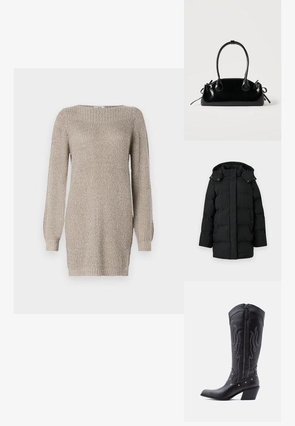 Manteau d'hiver long noir rembourré avec capuche, fermeture éclair avant dissimulée par un rabat boutonné, et deux poches latérales avec boutons-pression.; Robe en tricot beige avec des manches longues, texture côtelée et un large décolleté. Présente une silhouette droite et des fentes sur les côtés au niveau de l'ourlet.; Bottes de cow-boy en cuir noir avec bout pointu, coutures apparentes, ornements à clous argentés et fermeture éclair sur le côté intérieur.; Petit sac à main noir brillant avec deux longues anses et des détails à cordon sur les côtés sur un fond clair uni.