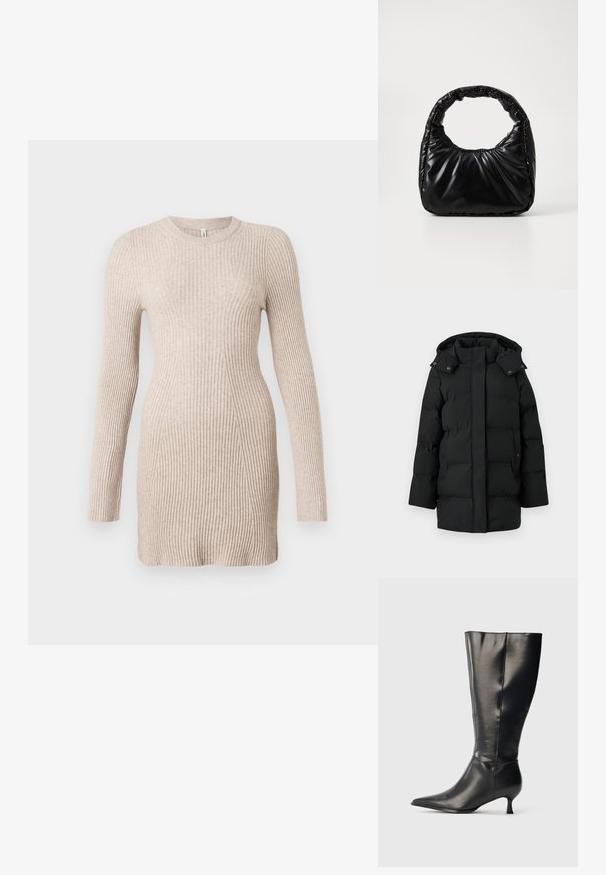 Manteau d'hiver long noir rembourré avec capuche, fermeture éclair avant dissimulée par un rabat boutonné, et deux poches latérales avec boutons-pression.; Robe pull longue en tricot côtelé beige à manches longues, avec une taille cintrée et un col rond sur fond blanc.; Botte en cuir noire montant jusqu'au genou, avec un bout pointu et un petit talon bas, présentée sur un fond clair uni.; Sac à main noir rembourré avec une poignée arrondie, présentant une surface lisse et brillante ainsi qu'une texture douce et matelassée. Pas de quincaillerie ou d'accents visibles.