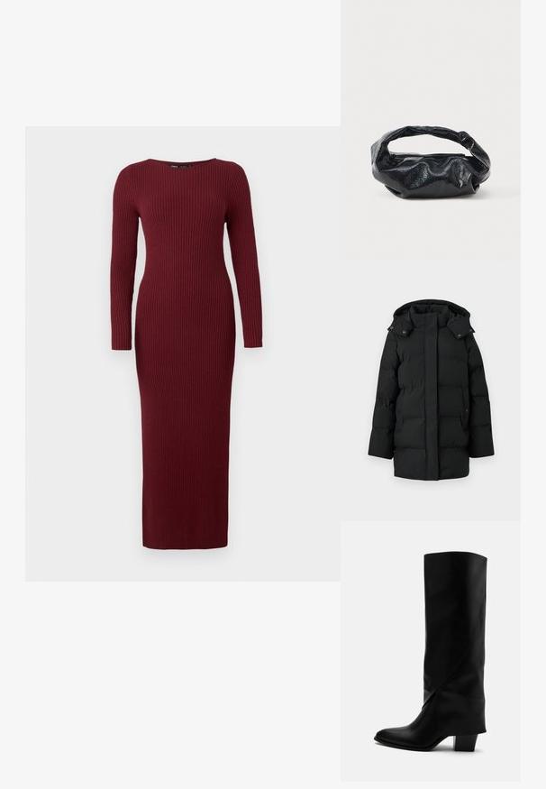 Manteau d'hiver long noir rembourré avec capuche, fermeture éclair avant dissimulée par un rabat boutonné, et deux poches latérales avec boutons-pression.; Robe maxi en tricot côtelé bordeaux avec des manches longues et un col bateau, présentant une silhouette ajustée et une texture subtile.; Botte haute en cuir noir avec couture inclinée, bout pointu et talon épais de taille moyenne sur fond blanc.; Sac noir en matériau texturé et brillant avec une poignée circulaire torsadée et une fermeture éclair. Présente un design doux et froissé.