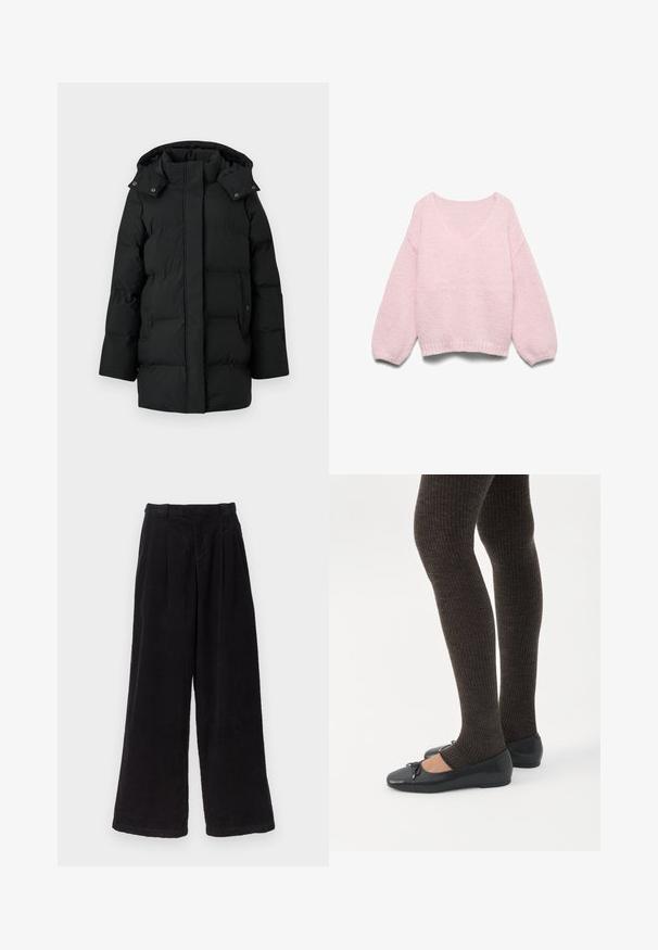 Manteau d'hiver long noir rembourré avec capuche, fermeture éclair avant dissimulée par un rabat boutonné, et deux poches latérales avec boutons-pression.; Pull tricoté rose clair avec manches ballons longues et large encolure dégagée, présenté à plat sur un fond blanc.; Pantalons en velours côtelé noir à jambes larges, présentant des plis à l'avant, une taille haute et une texture lisse. Les finitions de l'ourlet sont propres et simples.; Jambes portant des leggings côtelés foncés associés à des ballerines noires avec de petits détails en nœud sur fond blanc.