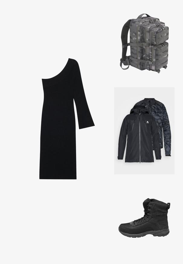 Veste noire à double couche avec une fermeture éclair sur le devant, présentant une coque extérieure lisse et une couche intérieure matelassée. Comprend une capuche et un détail de logo.; Robe en tricot côtelé noire avec un décolleté asymétrique et une manche cloche, présentant une silhouette ajustée et longueur genou.; Botte tactique haute noire avec panneaux en mesh et suède, fermeture à lacets, col rembourré et semelle en caoutchouc robuste.; Sac à dos camouflage dans des tons de gris ; comporte plusieurs compartiments, un tissu durable, des bretelles réglables et un panneau arrière texturé.