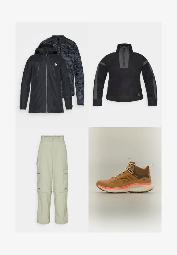 Veste noire à double couche avec une fermeture éclair sur le devant, présentant une coque extérieure lisse et une couche intérieure matelassée. Comprend une capuche et un détail de logo.; Pull en polaire noire avec un col haut, fermeture éclair quart et des panneaux gris en accent sur les manches. Texture douce avec une coupe décontractée.; Pantalons cargo beiges clairs avec passants de ceinture, poches à rabat sur le côté et jambes zippées, se transformant en shorts.; Chaussure de randonnée montante marron avec lacets beige, col de cheville rembourré, semelle intermédiaire corail et semelle extérieure en caoutchouc texturé sur fond uni.
