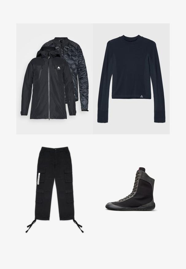 Veste noire à double couche avec une fermeture éclair sur le devant, présentant une coque extérieure lisse et une couche intérieure matelassée. Comprend une capuche et un détail de logo.; Haut à manches longues en navy avec une texture côtelée, présentant des accents à pois le long des manches et un col haut. Logo de la marque en bas à gauche.; Pegador TANAMI WIDE PANTS - Pantalon cargo - black; Baskets montantes noires avec garniture en daim gris, lacets à l'avant et semelle plate en caoutchouc, montrées de profil droit sur fond blanc.