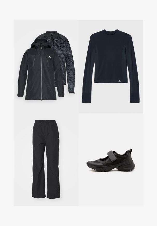 Veste noire à double couche avec une fermeture éclair sur le devant, présentant une coque extérieure lisse et une couche intérieure matelassée. Comprend une capuche et un détail de logo.; Haut à manches longues en navy avec une texture côtelée, présentant des accents à pois le long des manches et un col haut. Logo de la marque en bas à gauche.; Pantalons noirs légers avec une taille élastique et un cordon de serrage. Présentent une finition texturée et un petit logo réfléchissant sur le côté.; Chaussure athlétique noire style Mary Jane avec semelle épaisse à crampons, bride ajustable sur le dessus et languette à l'arrière du talon.