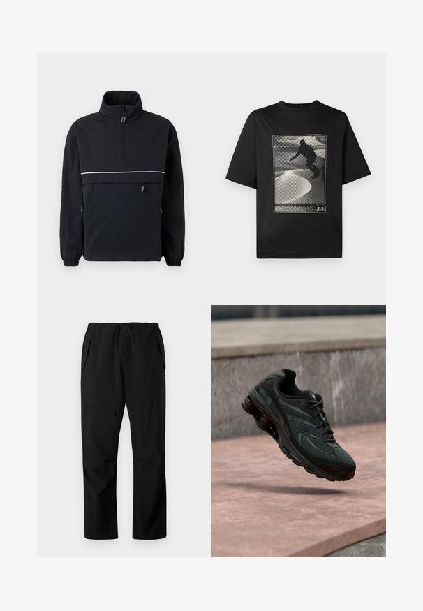 Sort pullover jakke med høj krave, halv lynlås fortil, reflekterende hvid stribe over brystet, elastiske manchetter og snoretræk i siderne.; Sort kortærmet t-shirt med et grafisk print, der viser en silhouet af en figur på en tekstureret hvid overflade med linjemønstre.; Sorte afslappede bukser med elastisk talje, to sidelommer og en lynlåslomme på låret, vist fladt på hvid baggrund.; Sort atletisk sneaker med synligt luftdæmpende mellemsål, der svæver over en pink stenoverflade med en grå stenvæg i baggrunden.