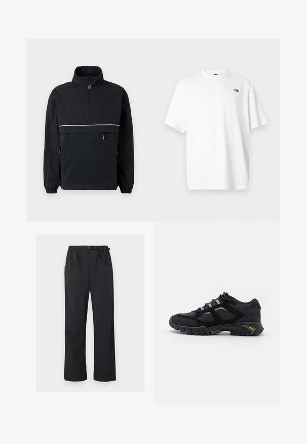 Chaqueta de pullover negra con un alto cuello, cierre de media cremallera en la parte delantera, franja reflectante blanca en el pecho, puños elásticos y detalles de cordón en los laterales.; Camiseta blanca de algodón con mangas cortas, diseño de cuello en V, con un pequeño logo negro en la parte superior izquierda. Textura suave, ajuste relajado.; Pantalones negros de pierna recta con cintura elástica y cinturón ajustable con hebilla, con bolsillos delanteros y laterales.; Zapato exterior negro hecho de ante y malla con una suela robusta. Presenta acentos grises y la marca Vibram en el costado. Diseño con cordones.