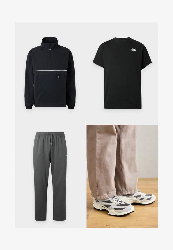 Sort pullover jakke med høj krave, halv lynlås fortil, reflekterende hvid stribe over brystet, elastiske manchetter og snoretræk i siderne.; Sort t-shirt med korte ærmer lavet af bomuld. Har en hvid logo på venstre bryst. Enkelt snit med rund halsudskæring og minimalt design.; Mørkegrå fleece-sweatpants med elastisk taljebånd og snor, med en lille logo på højre lår.; En person iført beige bredbukser og grå-hvide sportsko står på et trægulv.