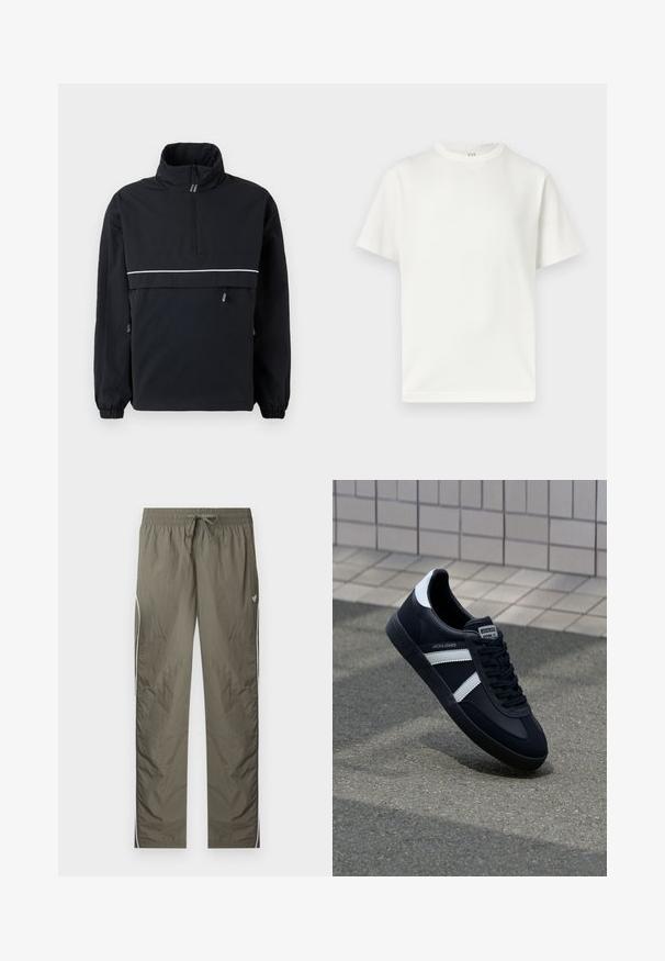Zwarte pullover jas met een hoge kraag, halve ritssluiting aan de voorkant, reflecterende witte streep over de borst, elastische manchetten en details met trekkoorden aan de zijkanten.; Effen witte T-shirt met korte mouwen en ronde hals, plat weergegeven tegen een witte achtergrond met een zichtbaar GAP-label in de kraag.; Lichtgewicht trainingsbroek in olijfgroen met elastische tailleband, trekkoord, witte strepen aan de zijkant en een klein vlinderlogo op de rechterdij.; Zwarte leren sneaker met witte strepen, een gestructureerde rubberen zool en vetersluiting aan de voorkant. Voorzien van een merklabel op de tong.