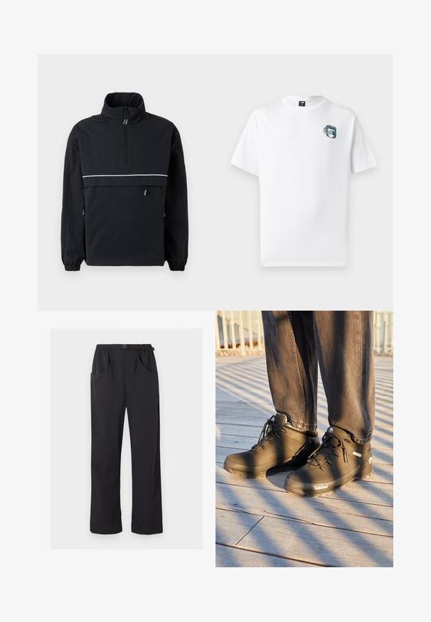 Chaqueta de pullover negra con un alto cuello, cierre de media cremallera en la parte delantera, franja reflectante blanca en el pecho, puños elásticos y detalles de cordón en los laterales.; Camiseta blanca de manga corta con gráfico pequeño de una taza verde y el logotipo de "The North Face" en el pecho izquierdo.; Pantalones negros de pierna recta con cintura elástica y cinturón ajustable con hebilla, con bolsillos delanteros y laterales.; Las botas de senderismo negras de Timberland presentan un diseño de caña alta, una superficie texturizada y cordones redondos, todo ello sobre un fondo de suelo de madera.