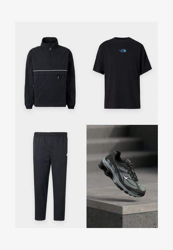Sort pullover jakke med høj krave, halv lynlås fortil, reflekterende hvid stribe over brystet, elastiske manchetter og snoretræk i siderne.; Sort bomuld T-shirt med rund halsudskæring og korte ærmer, med en turkis logo af "The North Face" på brystet.; Sorte atletikbukser med elastisk linning og knaplukning, med en lille hvid Nike-logo på den øverste venstre lår.; Grå og sort atletiksko med meshpaneler og tyk sål, placeret i luften over en betonliste med trapper i baggrunden.