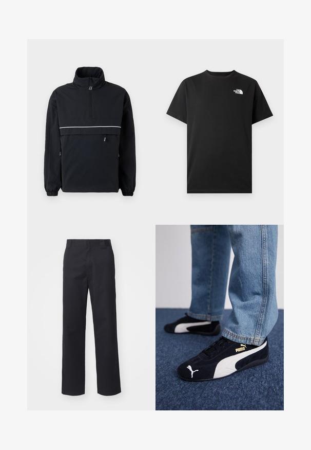 Sort pullover jakke med høj krave, halv lynlås fortil, reflekterende hvid stribe over brystet, elastiske manchetter og snoretræk i siderne.; Sort bomuld T-shirt med korte ærmer, rund halsudskæring og en lille hvid logo på venstre brystområde. Glat tekstur, standard pasform.; Sorte lige benbukser lavet af bomuldsblandet stof. Har en flad frontbetræk med bæltesløjfer og ingen synlig hardware eller udsmykninger.; Sorte ruskinds sneakers med hvide detaljer og et guldlogo. Båret med lyseblå denimjeans og sat på en struktureret blå overflade.