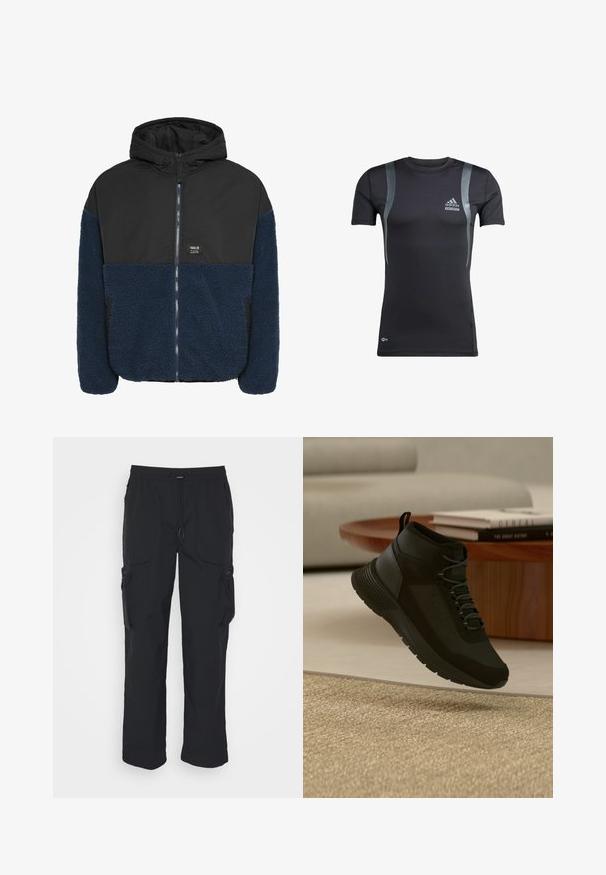 Veste à capuche avec une couche extérieure noire lisse et une section inférieure en polaire bleu marine texturé, dotée d'une fermeture éclair à l'avant et de poches latérales.; T-shirt de sport noir à manches courtes avec des accents gris, fabriqué en tissu extensible. Présente un logo Adidas sur la poitrine gauche et une marque Techfit.; Pantalons cargo noirs en tissu tissé. Dotés d'une taille réglable, de poches latérales et de deux poches utilitaires avec zips.; Baskets montantes noires à lacets flottant au-dessus d'un tapis beige, table ronde en bois avec des livres empilés dans un salon moderne et clair.