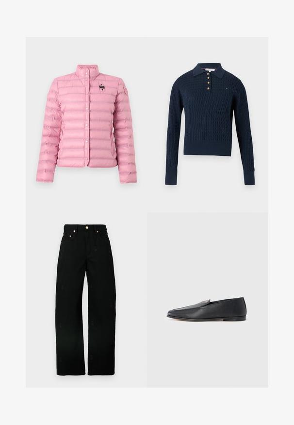 Veste matelassée rose clair avec fermeture à boutons-pression, col montant, poches latérales et deux petites patchs noirs et roses sur la poitrine et la manche.; Pull en maille bleu marine à manches longues avec motif texturé, col polo, quatre boutons dorés et petit logo sur la poitrine.; Jean large noir en coton avec une texture douce, ornés de motifs brodés subtils et de garnitures dorées sur les poches.; Mocassins en cuir noir à texture lisse, bout arrondi et détails de couture subtils. Ils présentent un accent logo doré sur le côté supérieur.