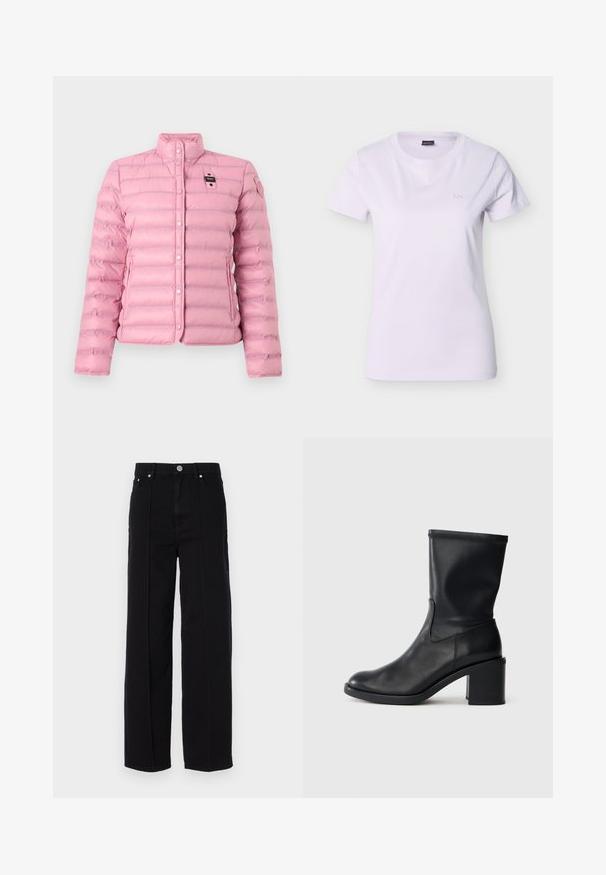 Veste matelassée rose clair avec fermeture à boutons-pression, col montant, poches latérales et deux petites patchs noirs et roses sur la poitrine et la manche.; T-shirt blanc pour femme à manches courtes avec col rond et petit logo "BOSS" en relief sur le côté gauche de la poitrine.; Pantalons larges en denim noir à taille haute, comportant cinq poches, une fermeture à bouton en métal et des coutures droites le long des côtés.; Botte en cuir noir à cheville avec un bout rond, texture lisse et un talon épais, présentant un tige ajustée et un subtil détail de couture.