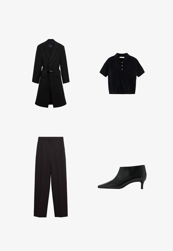 Sort skrædderjakke med bæltestrop i taljen, spids lapels og to forlommer. Glat stof med en struktureret silhuet.; Sort kortærmet fuzzy polo shirt med tre hvide knapper og en klassisk krave, præsenteret på en hvid baggrund.; Sorte, højttaljede, skræddersyede bukser med lige ben, sidelommer og skjult forlukning foran.; Sort læderankelstøvle med spids tå og lavt kittenhæl, designet til elegant og formelt brug.