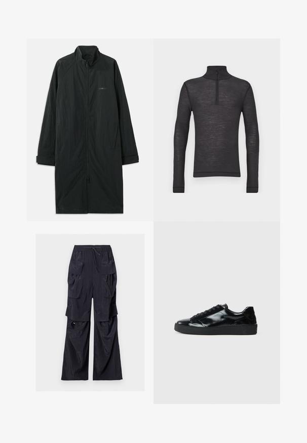 Sort lang frakke med høj krave, der har en fuld frontlynlås og er lavet af let, struktureret stof. Inkluderer ærmer med manchetter og subtil branding.; Sorte langærmede turtleneck skjorte lavet af et tekstureret stof, med en halvlåzipper ved kraven og tætsiddende ærmer.; Sorte brede cargobukser med flere store klaplommer og justerbar snøre i taljen på hvid baggrund.; Sorte laklæder sneakers med rund tå, snørredesign, tekstureret gummisål og en glat overflade.