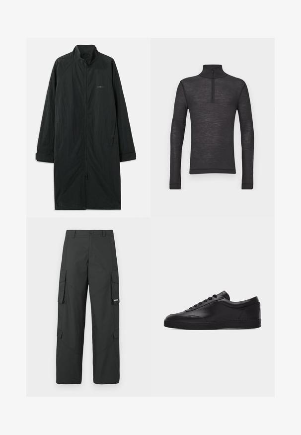 Zwarte lange jas met hoge kraag, voorzien van een volledige rits aan de voorkant en gemaakt van lichtgewicht, gestructureerde stof. Inclusief manchetten en subtiele branding.; Zwarte lange mouwen turtleneck shirt gemaakt van een gestructureerde stof, met een halve rits bij de kraag en aansluitende mouwen.; Zwarte cargo broek met rechte pijpen, zijflapzakken, knoopsluiting, riemlussen en een klein wit logo op de flap van de rechterzak.; Zwarte lage leren sneaker met vetersluiting aan de voorkant en een platte rubberen zool, gezien van de zijkant tegen een effen witte achtergrond.