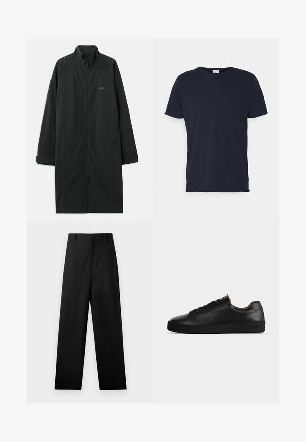 Zwarte lange jas met hoge kraag, voorzien van een volledige rits aan de voorkant en gemaakt van lichtgewicht, gestructureerde stof. Inclusief manchetten en subtiele branding.; Navyblauwe katoenen t-shirt met ronde hals en korte mouwen, met een gladde textuur en eenvoudig ontwerp, zonder zichtbare patronen of accenten.; Zwarte broek van katoen met een rechte pijpdesign, voorzien van een sluiting met een knoop aan de voorkant en zijzakken. Gladde textuur, geen patronen.; Zwarte lage leren sneaker met zwarte veters, gestructureerde rubberen zool en klein geperst logo aan de zijkant, zijaanzicht tegen een grijze achtergrond.