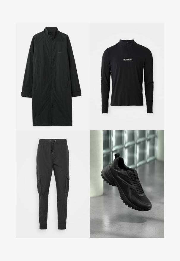 Mustad must coat kõrge kaelusega, millel on täielik esinevet zipper ja mis on valmistatud kergest tekstureeritud kangast. Sisaldab mansetiga varrukaid ja diskreetset brändimist.; Must musta varrukatega topp kõrge kraega, millel on neljanda osa tõmblukk ja valge "CALVIN KLEIN" logo ees. Sile, veniv kangas.; Mustad mustad püksid, mis on valmistatud kerge kangast, reguleeritava stringiga vöökoha, elastsete mansettide ja kahe küljetaskuga.; Must sportlik toss with tekstureeritud tallaga ja paeltega, hõljumas halli põranda kohal klaasplokkidest seina taustal.